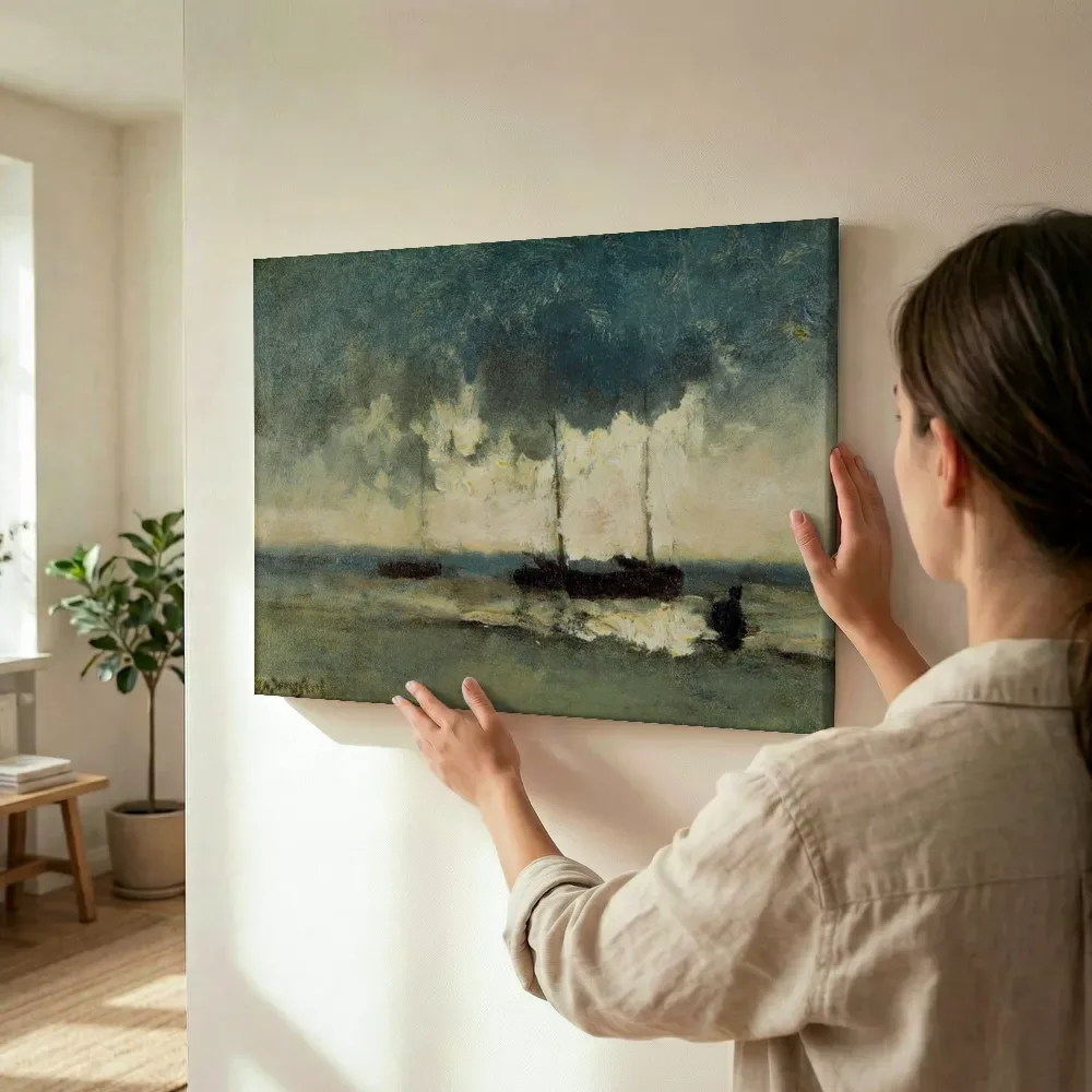 Sfeerimpressie: Twee zeilschepen in de branding van Jan Hendrik Weissenbruch terwijl het wordt opgehangen