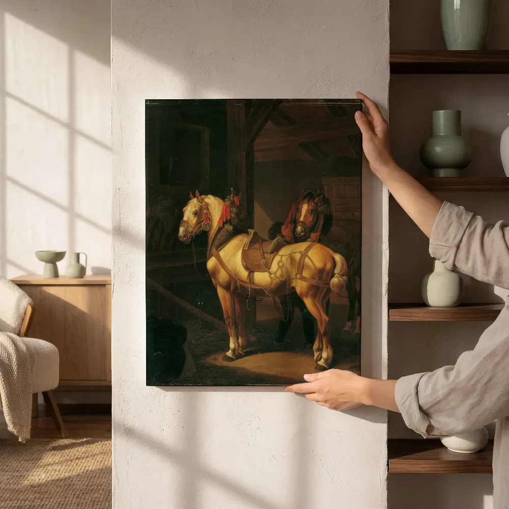 Sfeerimpressie: Twee trekpaarden in de stal van Johann Baptist Dallinger von Dalling naast de kast