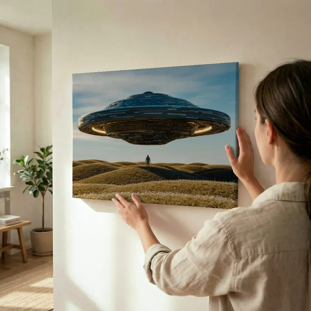 Sfeerimpressie: UFO boven gouden heuvels terwijl het wordt opgehangen