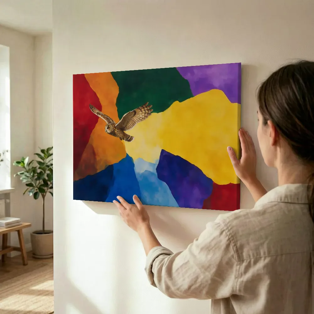 Sfeerimpressie: Uil in alle kleuren van de regenboog terwijl het wordt opgehangen