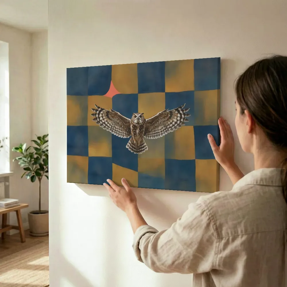 Sfeerimpressie: Uil in delftsblauw en mosterd terwijl het wordt opgehangen