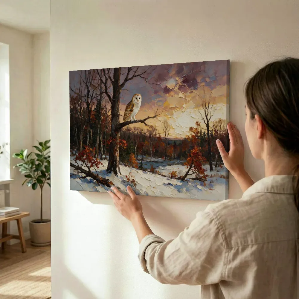 Sfeerimpressie: Uil diep in het landschap in de sneeuw terwijl het omhoog wordt gehouden