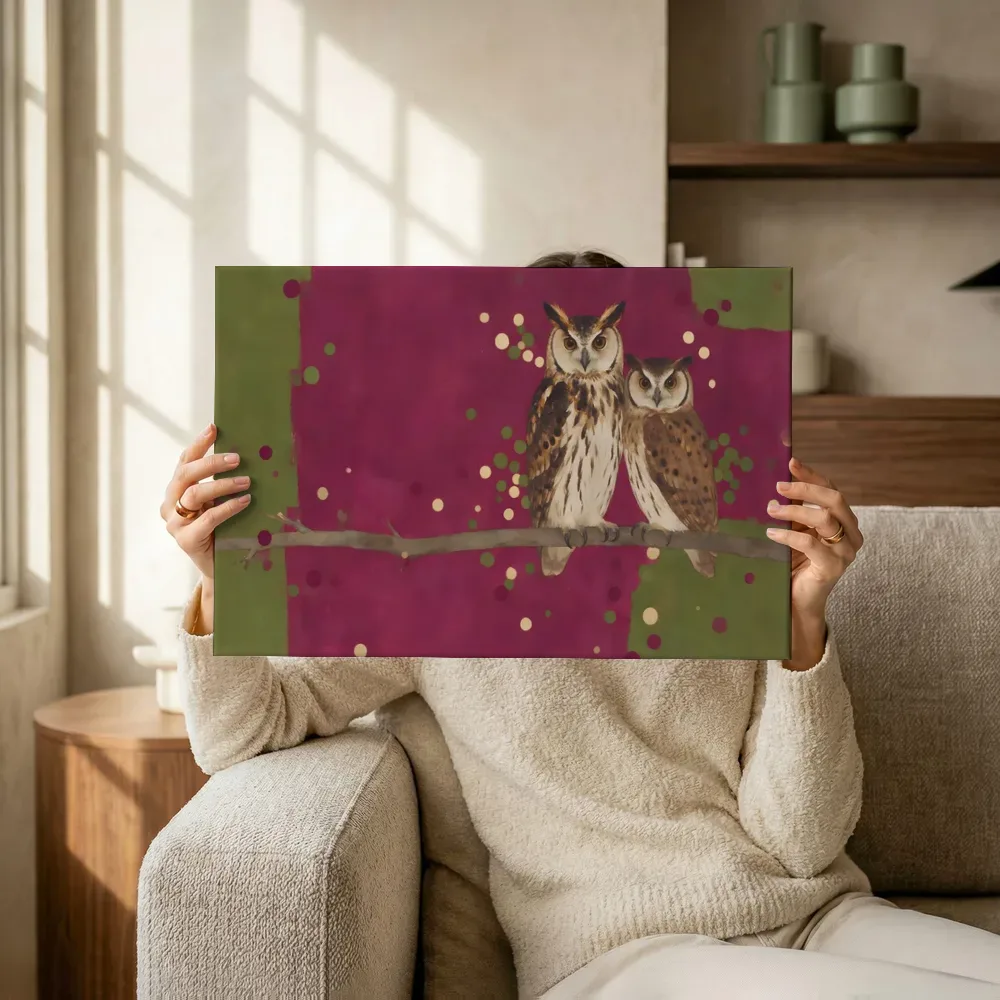Sfeerimpressie: Uil in magenta en olijfgroen terwijl het omhoog wordt gehouden