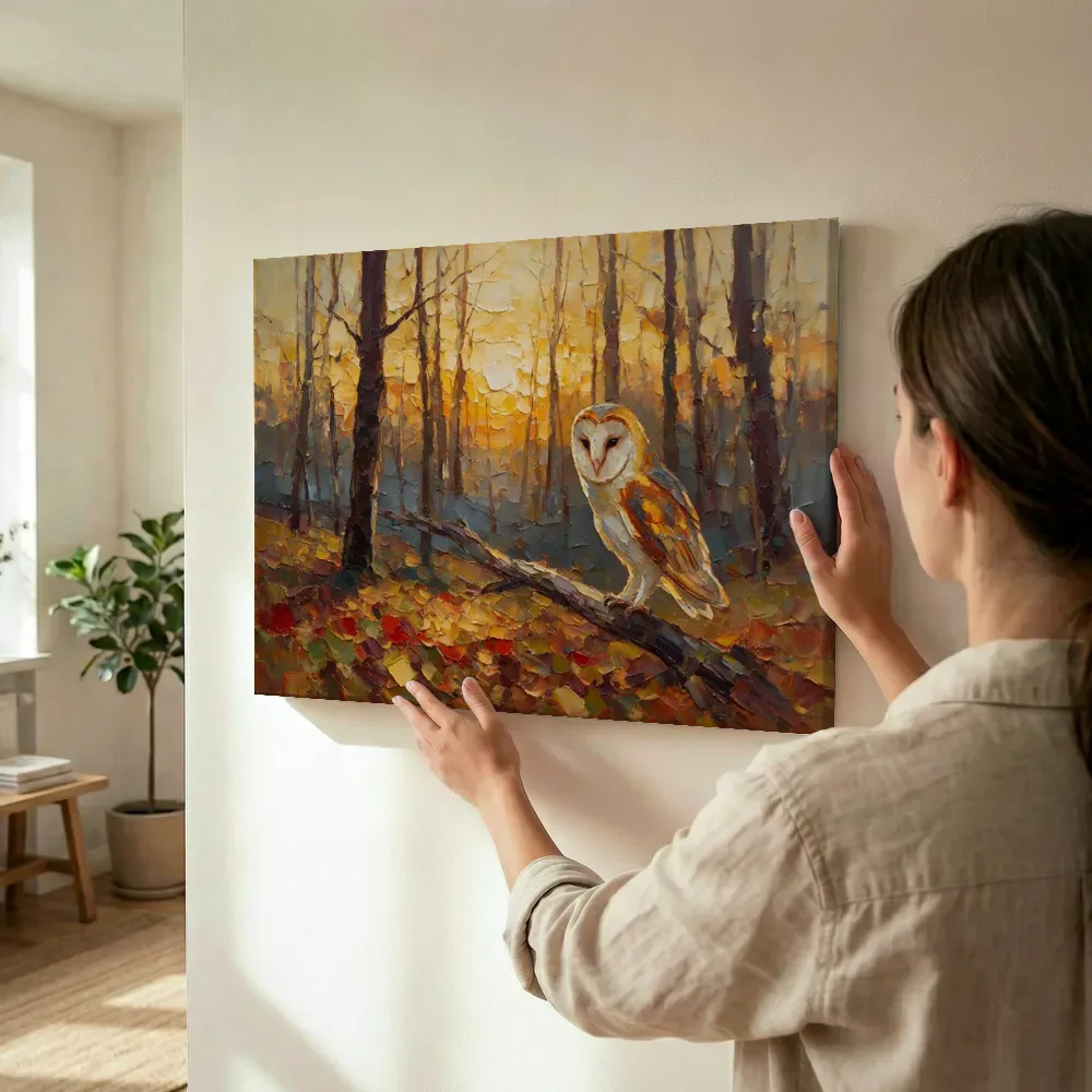 Sfeerimpressie: Uil warm in het landschap tussen de bomen terwijl het omhoog wordt gehouden