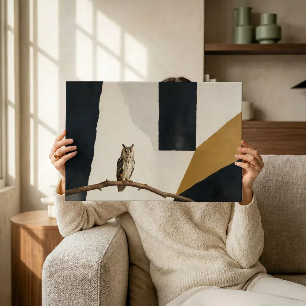 Sfeerimpressie: Uil op een tak in zwart en gebroken wit terwijl het omhoog wordt gehouden