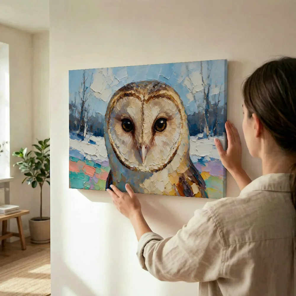 Sfeerimpressie: Uil portret in de sneeuw terwijl het wordt opgehangen