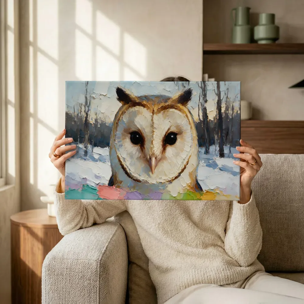 Sfeerimpressie: Uil portret diep in de sneeuw terwijl het omhoog wordt gehouden