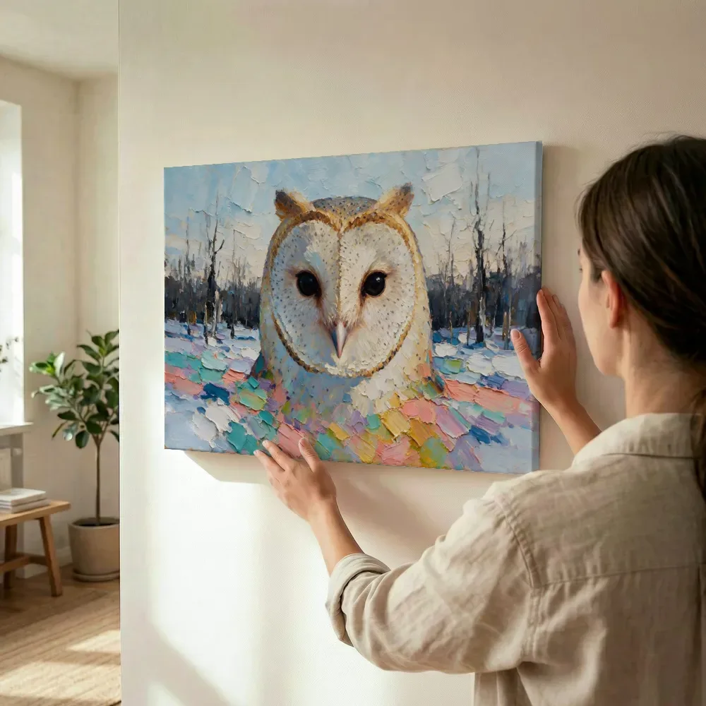 Sfeerimpressie: Uil portret warm in de sneeuw terwijl het wordt opgehangen