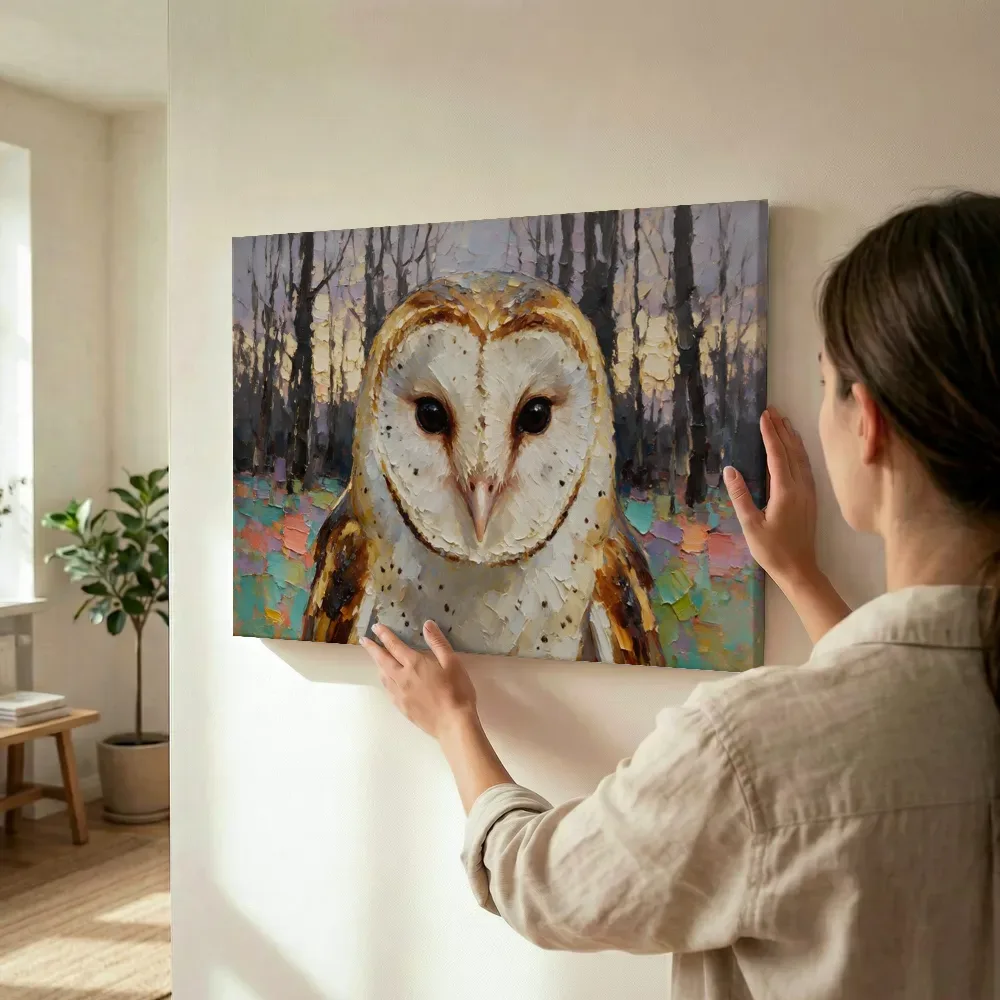 Sfeerimpressie: Uil portret tussen de bomen in donker oranje terwijl het omhoog wordt gehouden