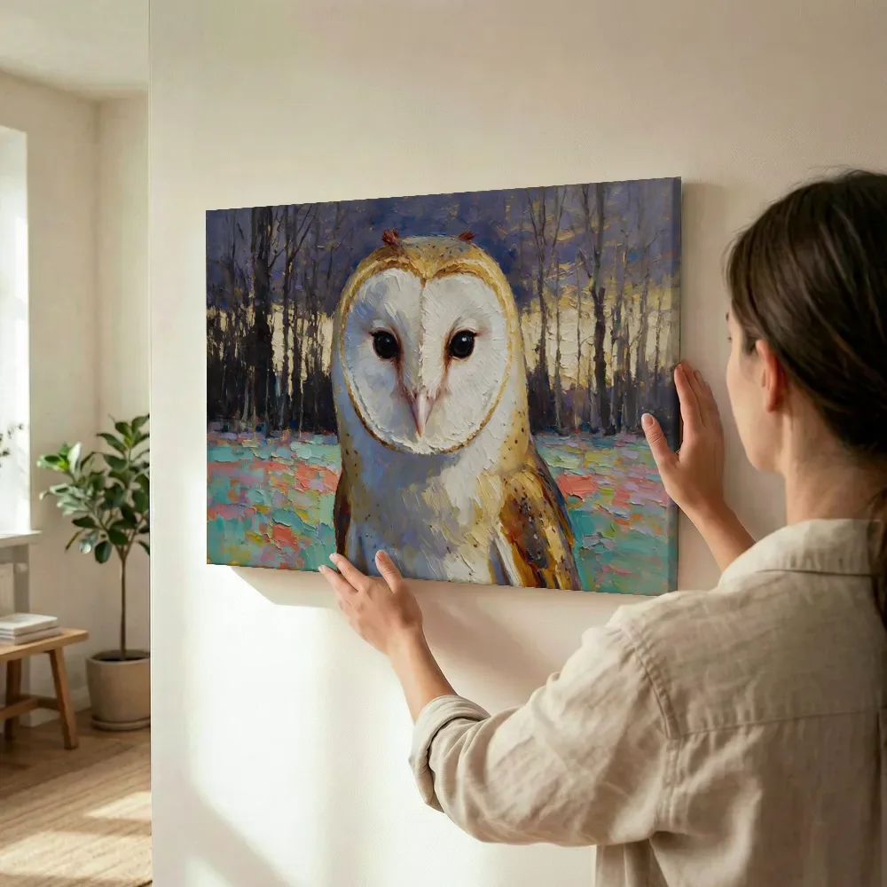 Sfeerimpressie: Uil portret tussen de bomen in warm oranje terwijl het omhoog wordt gehouden