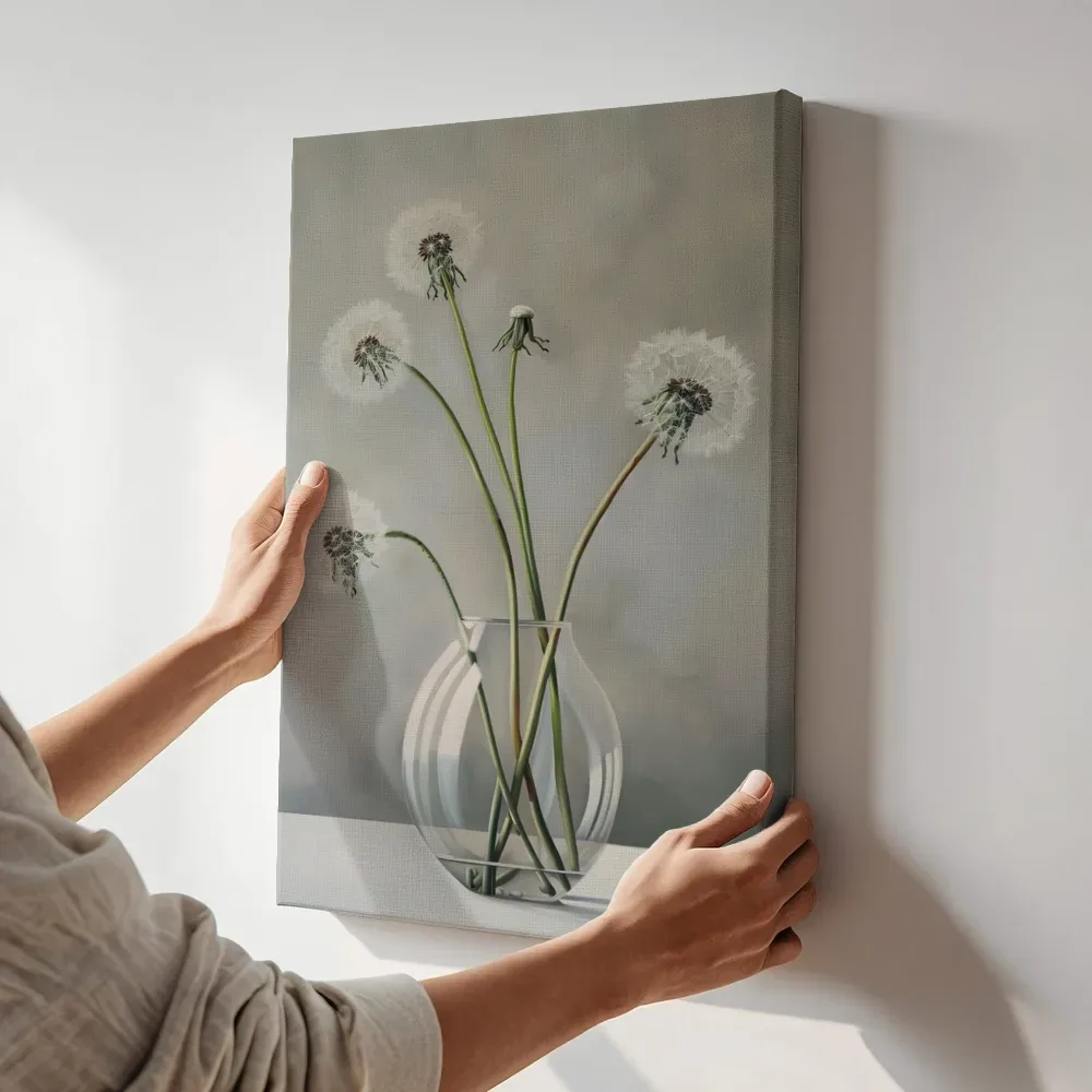 Sfeerimpressie: Uitgebloeide paardenbloemen in vaas terwijl het aan de muur wordt gehangen