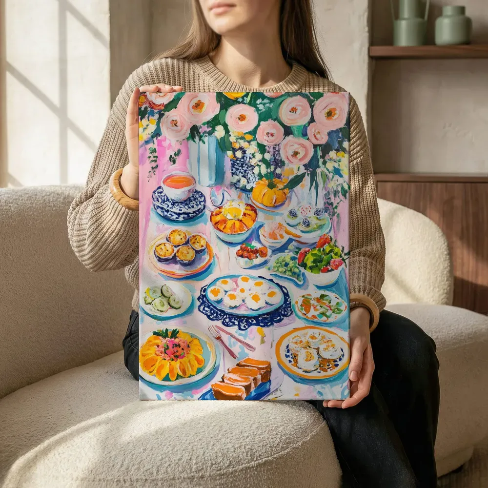 Sfeerimpressie: Uitgebreide brunchtafel terwijl het zittend wordt getoond