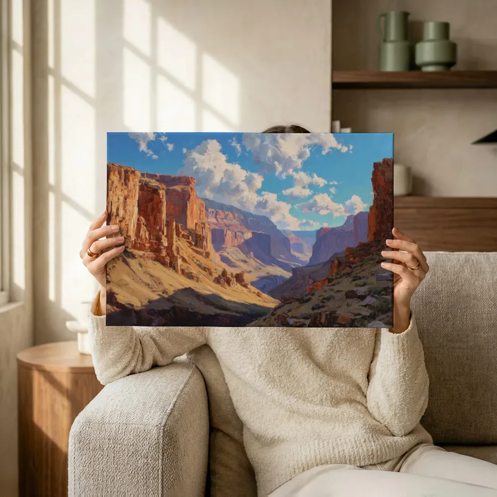 Sfeerimpressie: Uitgestrekt canyonlandschap met wolken terwijl het omhoog wordt gehouden