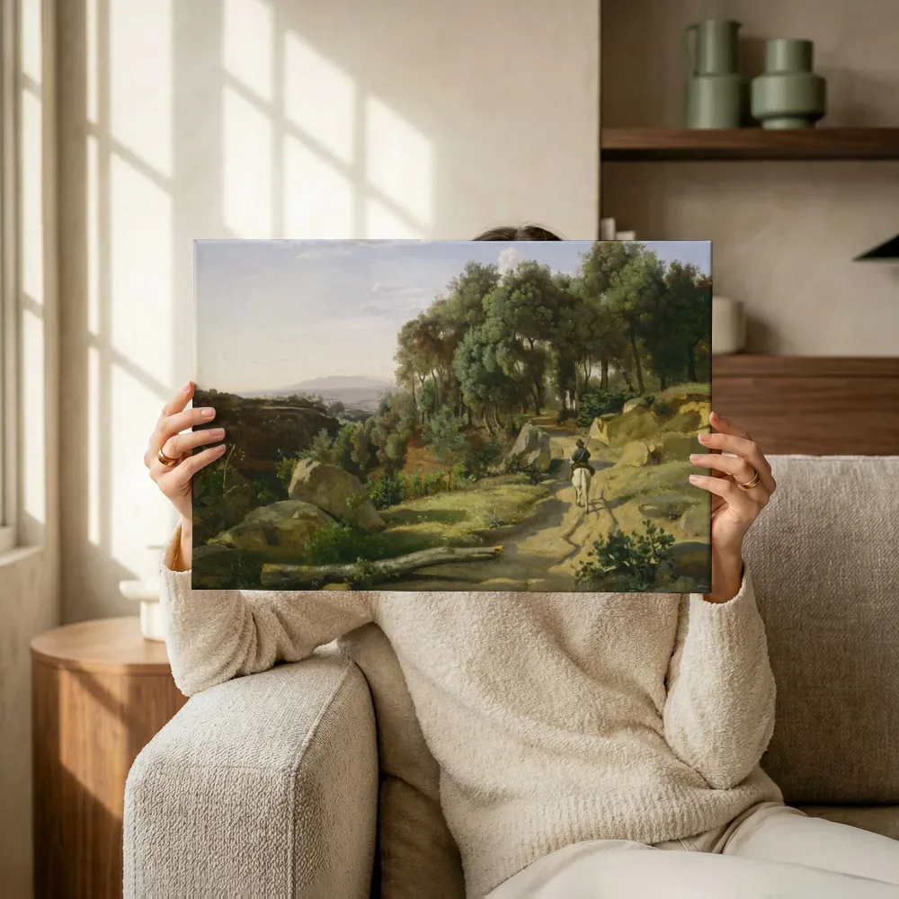 Sfeerimpressie: Uitzicht bij Volterra van Jean-Baptiste-Camille Corot terwijl het omhoog wordt gehouden