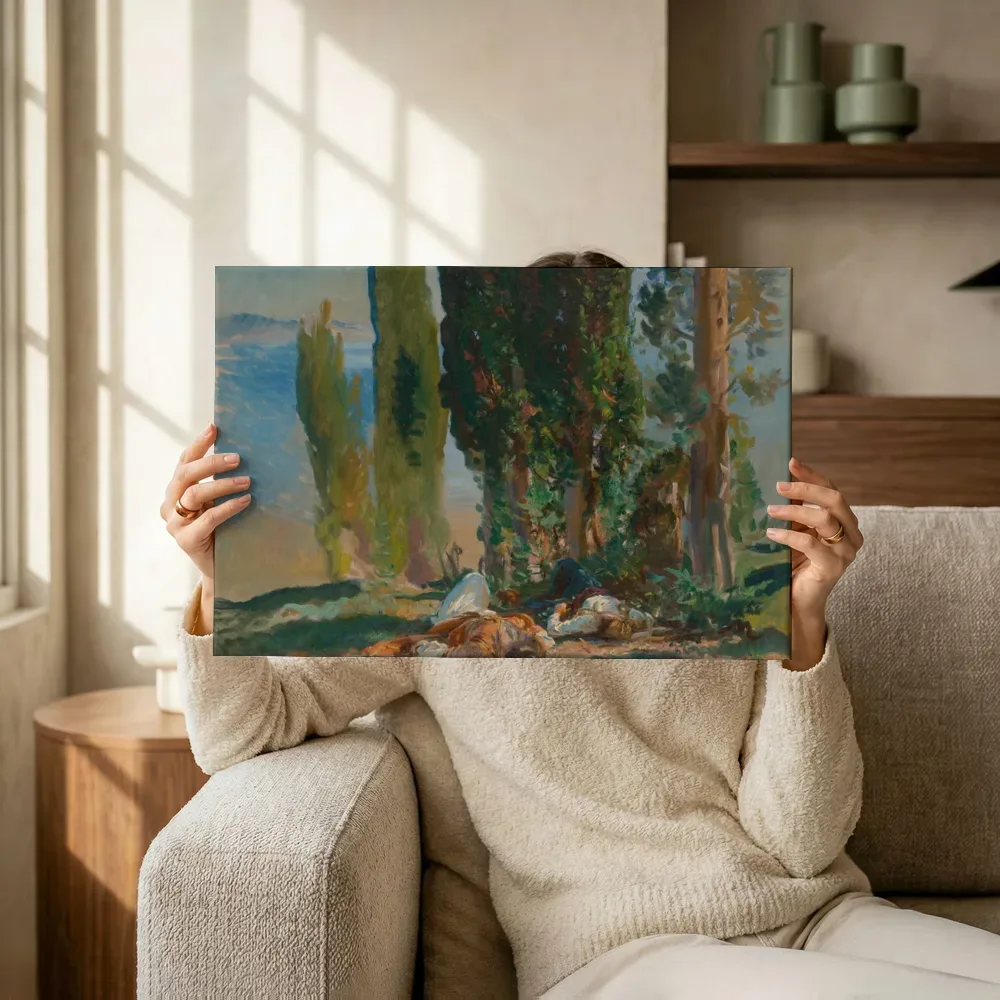 Sfeerimpressie: Onder de cipressen op Corfu van John Singer Sargent terwijl het omhoog wordt gehouden