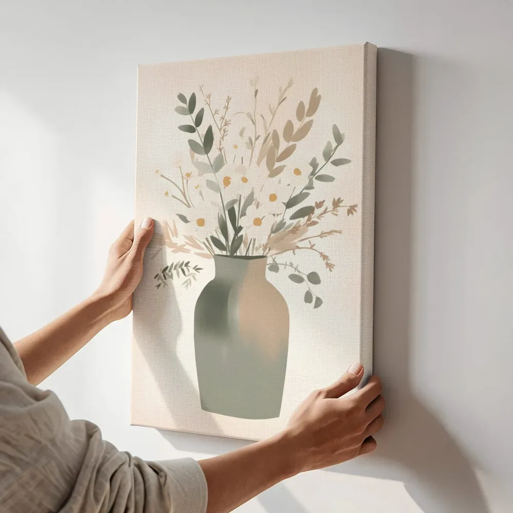 Sfeerimpressie: Vaas met droogbloemen en madeliefjes terwijl het aan de muur wordt gehangen