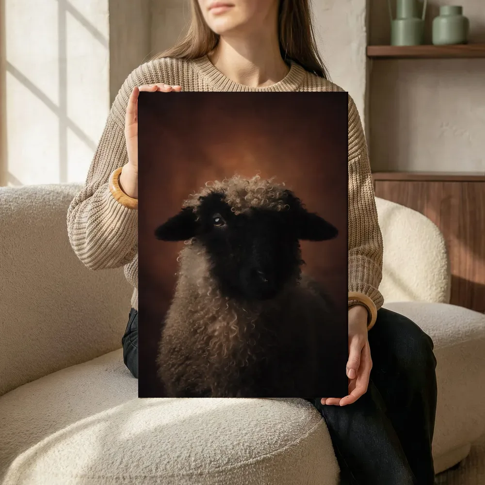 Sfeerimpressie: Valais Blacknose van voren in terracotta terwijl het zittend wordt getoond