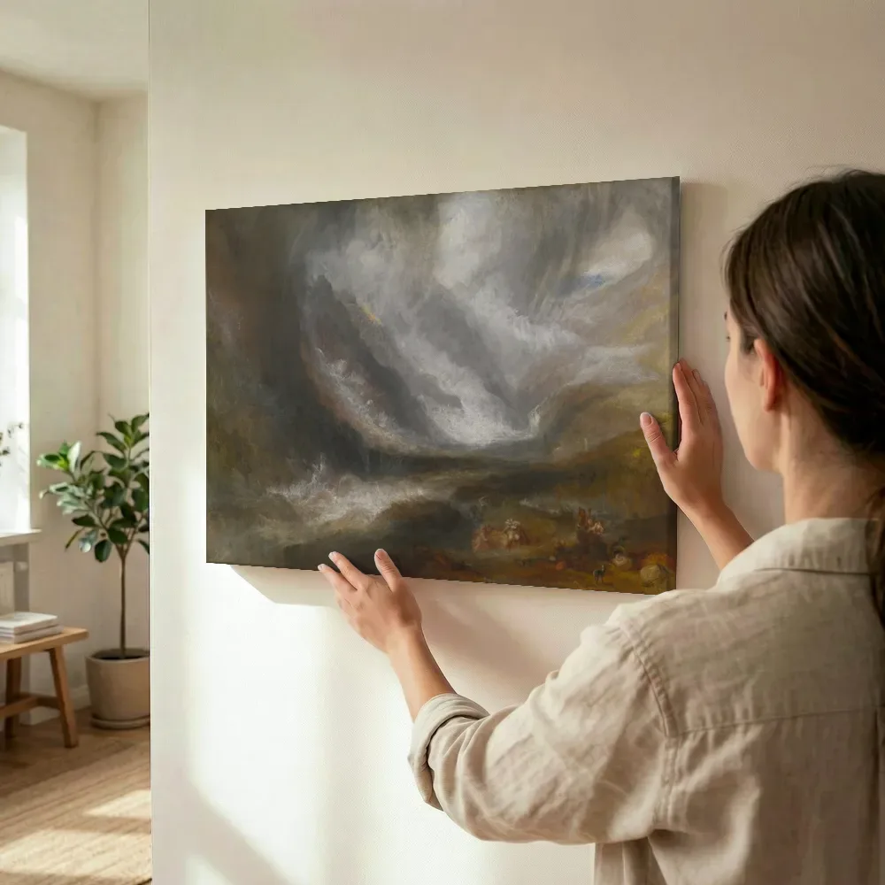 Sfeerimpressie: Het dal van Aosta, sneeuwstorm, lawine en onweer van J. M. W. Turner terwijl het wordt opgehangen