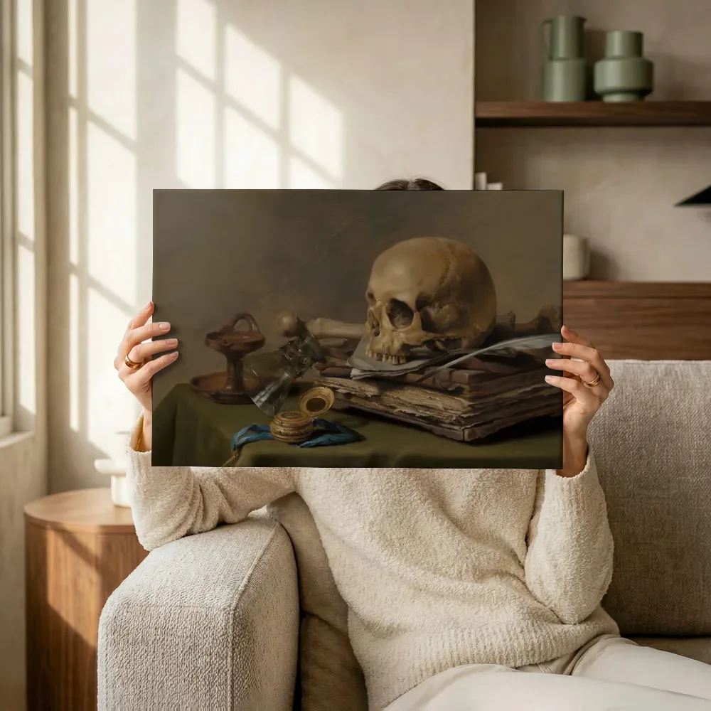 Sfeerimpressie: Vanitas-stilleven van Pieter Claesz terwijl het omhoog wordt gehouden