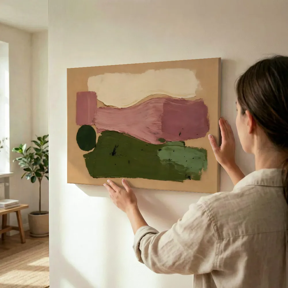 Sfeerimpressie: Veeg paletmes, roze en olijf terwijl het wordt opgehangen