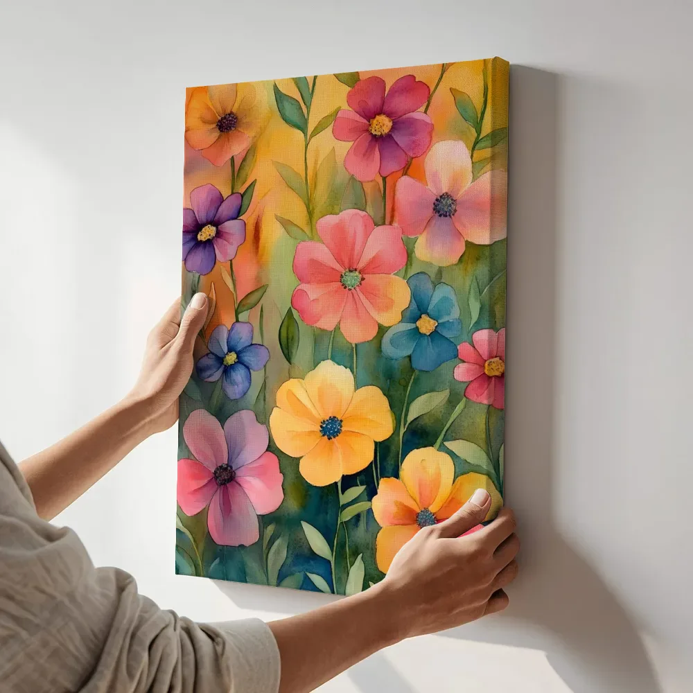 Sfeerimpressie: Veelkleurig bloemenveld oranje terwijl het aan de muur wordt gehangen