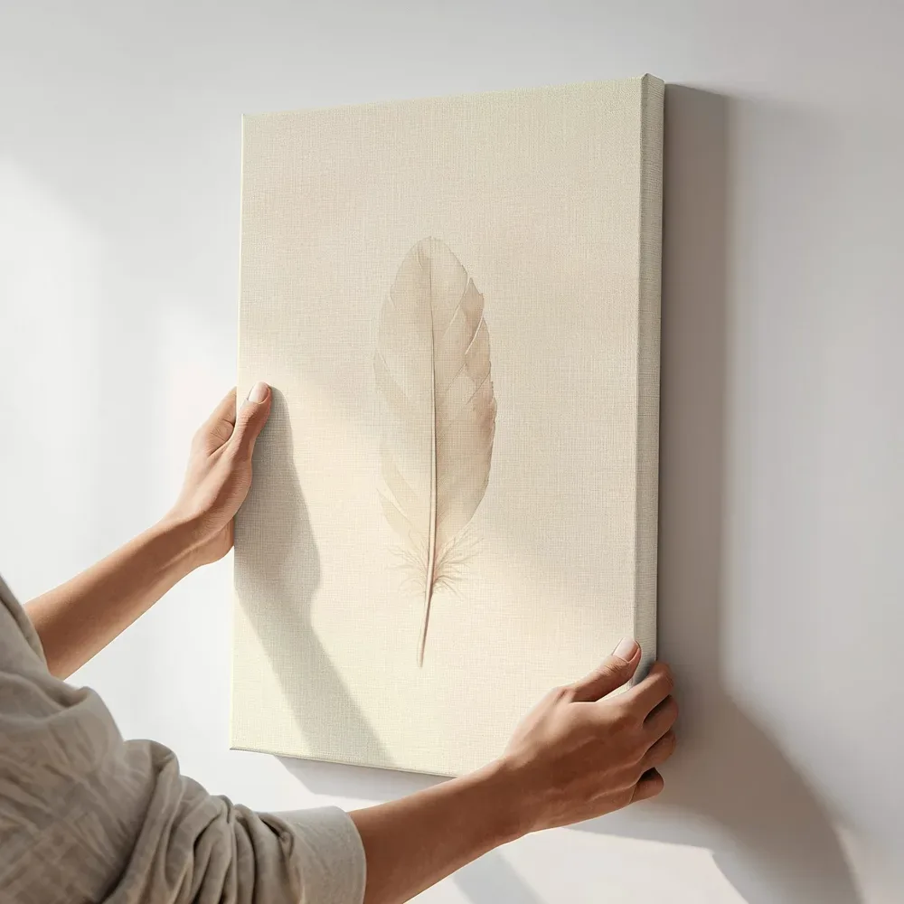 Sfeerimpressie: Zacht veertje aquarel terwijl het aan de muur wordt gehangen