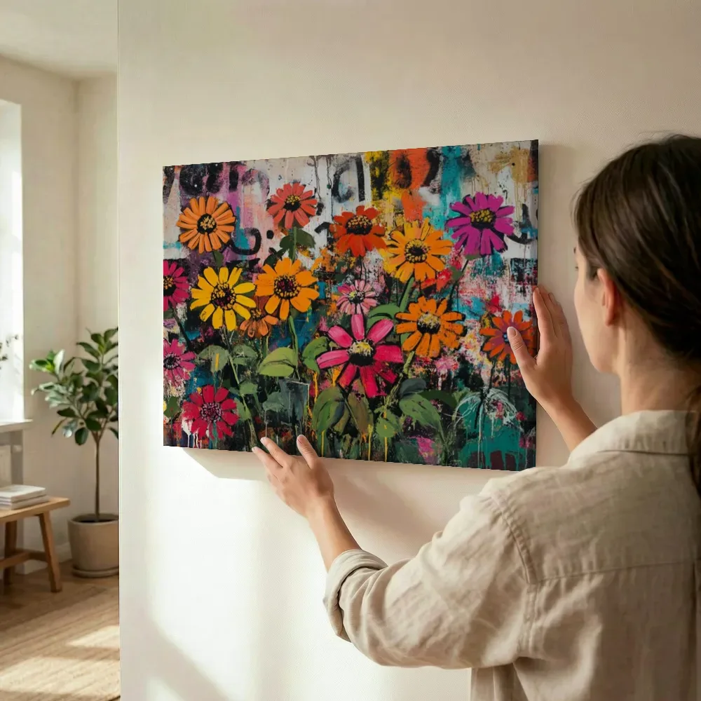Sfeerimpressie: Veld vol madeliefjes op muur terwijl het wordt opgehangen