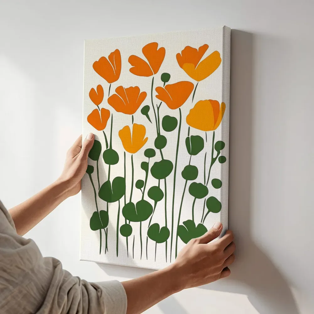 Sfeerimpressie: Veld vol oranje en gele klaprozen terwijl het aan de muur wordt gehangen