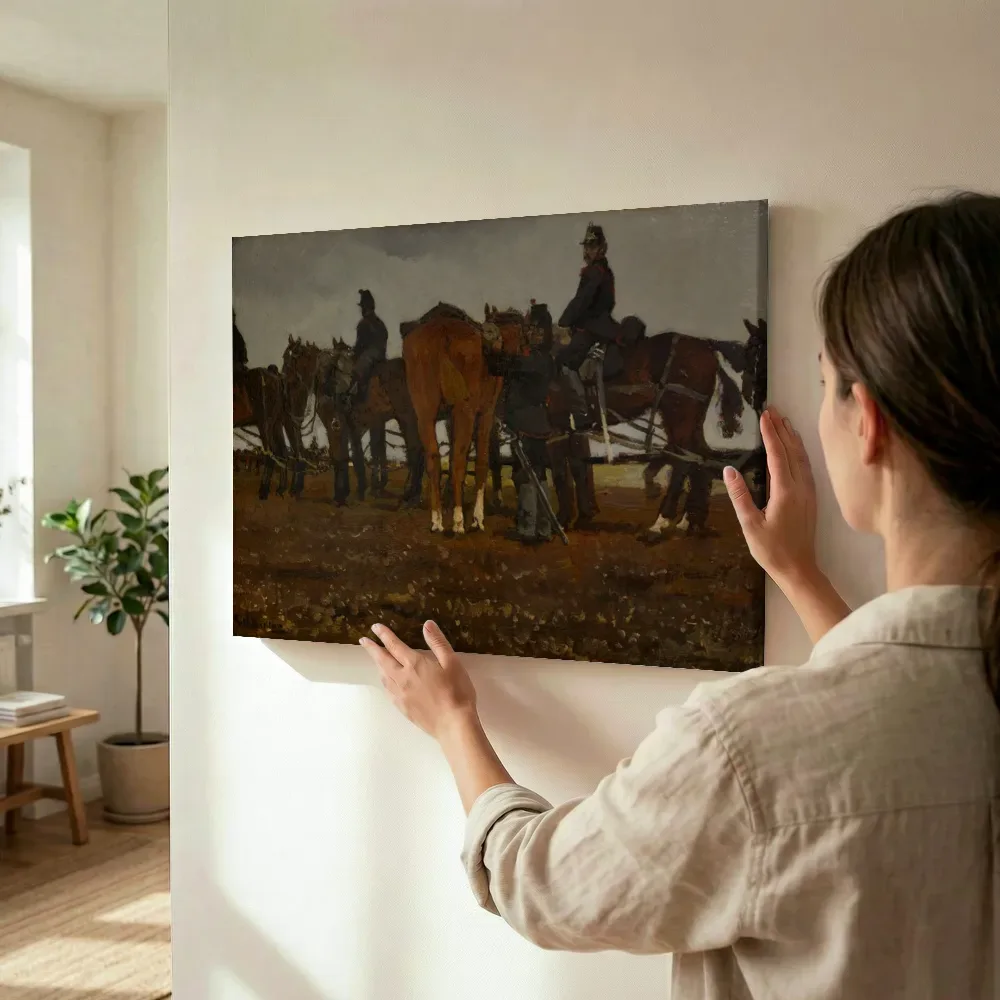 Sfeerimpressie: Veldartillerie (paarden en soldaten) van George Hendrik Breitner terwijl het wordt opgehangen