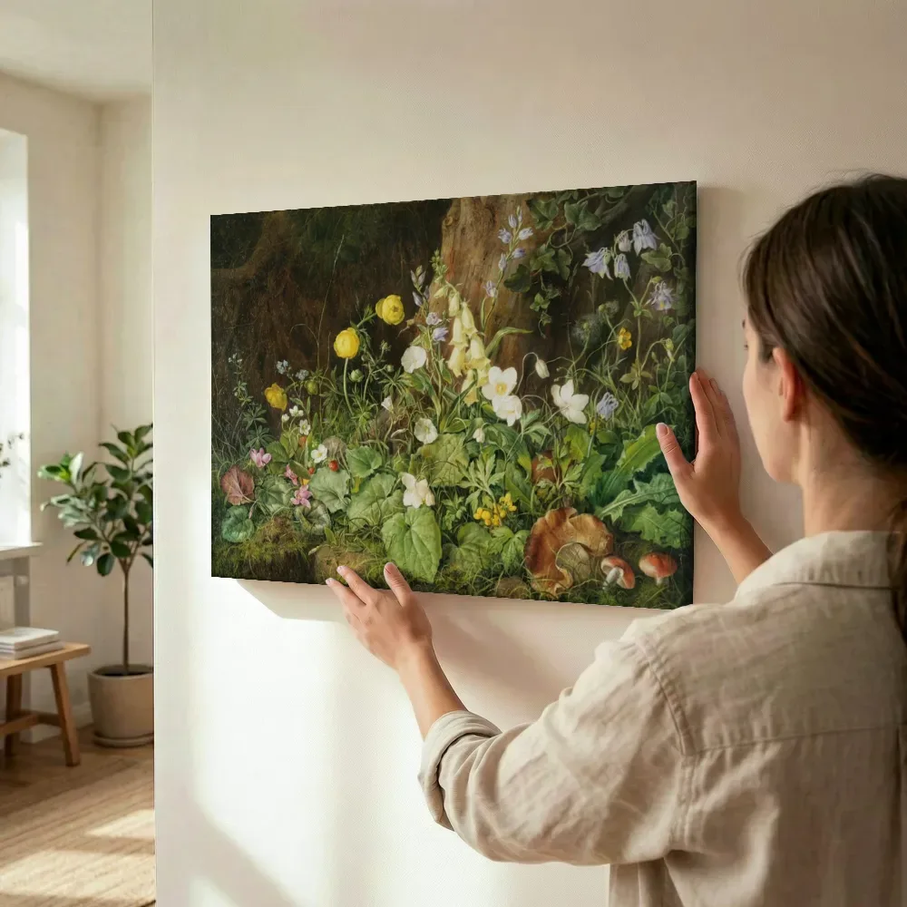 Sfeerimpressie: Veldbloemen en paddenstoelen in het bos van Franz Xaver Petter terwijl het wordt opgehangen