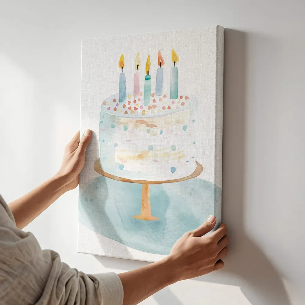Sfeerimpressie: Verjaardagstaart aquarel terwijl het aan de muur wordt gehangen