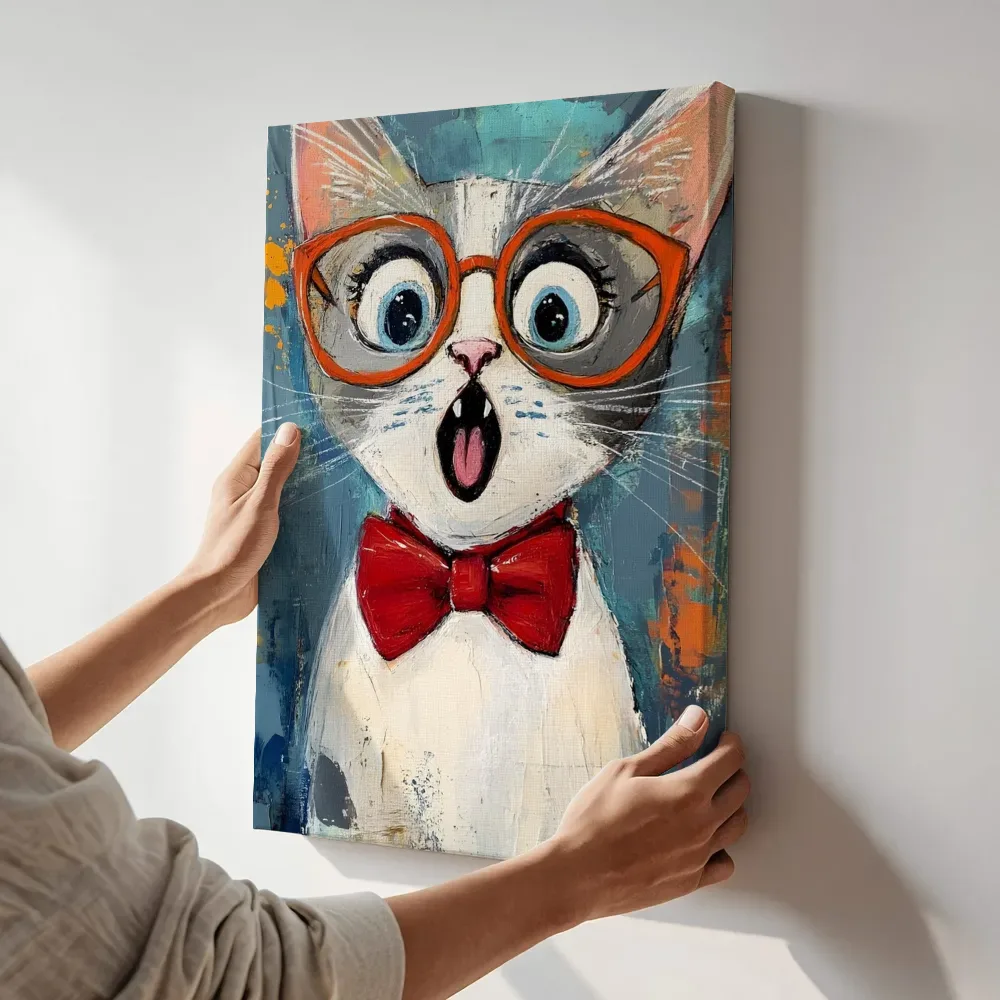 Sfeerimpressie: Verraste kat met bril en strikje terwijl het aan de muur wordt gehangen