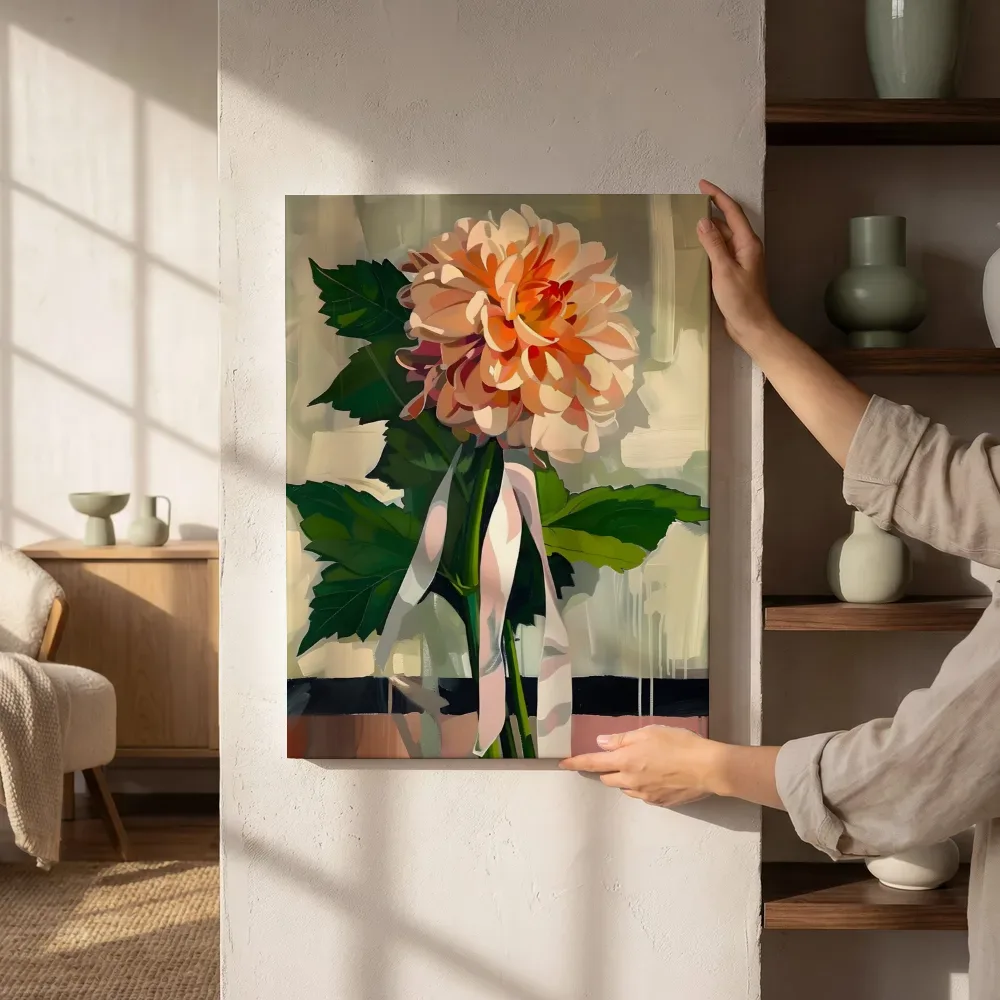 Sfeerimpressie: Verse dahlia in vaas terwijl het zittend wordt getoond