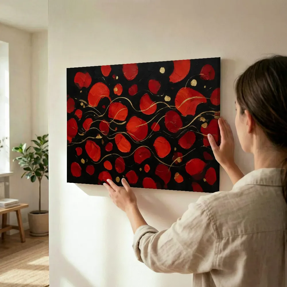 Sfeerimpressie: Verspreide vormen paletmes, vuurrood in zwart terwijl het wordt opgehangen