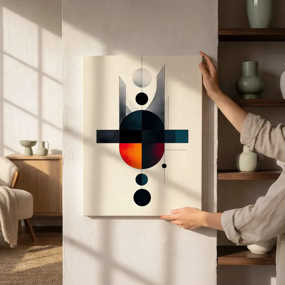 Sfeerimpressie: Verticale Bauhaus totem in oranje en zwart naast de kast