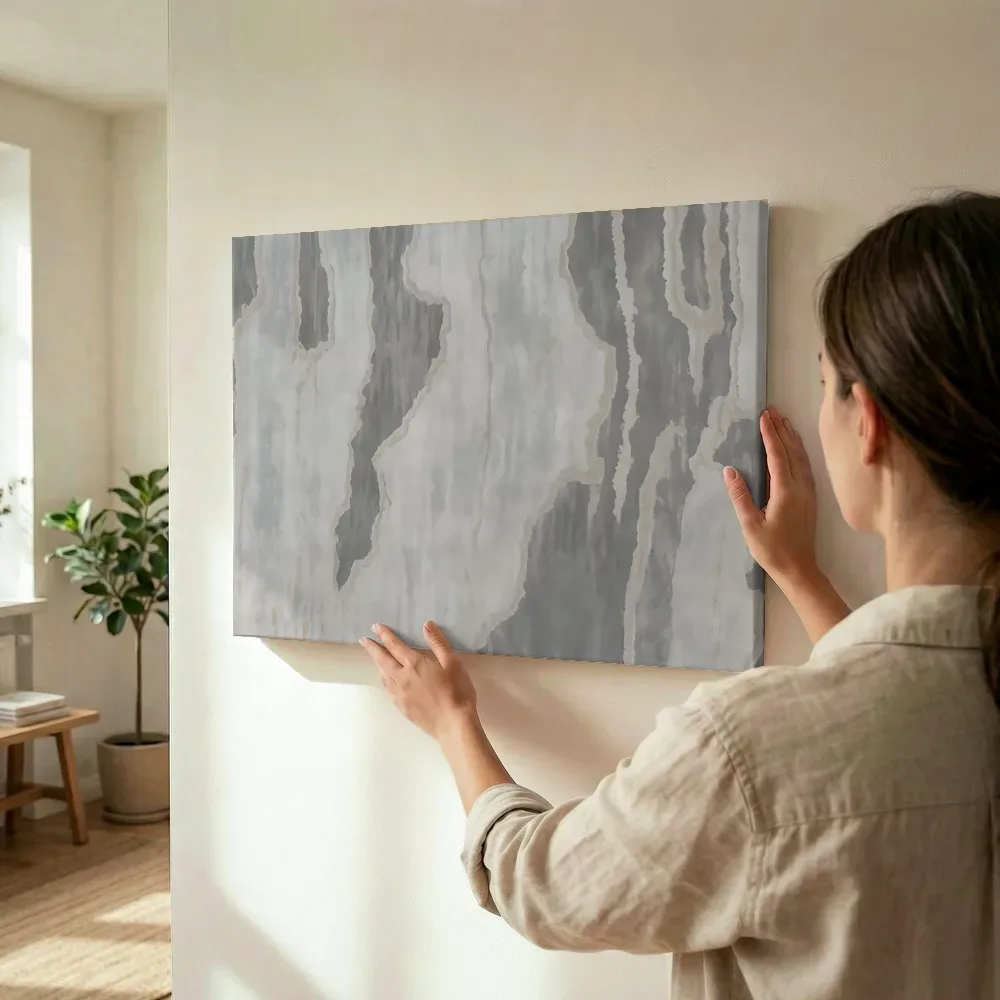 Sfeerimpressie: Verticale marmerdrip textuur in grijs en taupe terwijl het wordt opgehangen