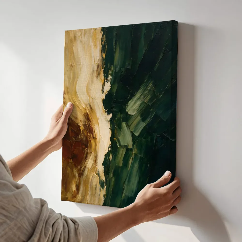 Sfeerimpressie: Verticale vlakken paletmes, mos en oker terwijl het aan de muur wordt gehangen