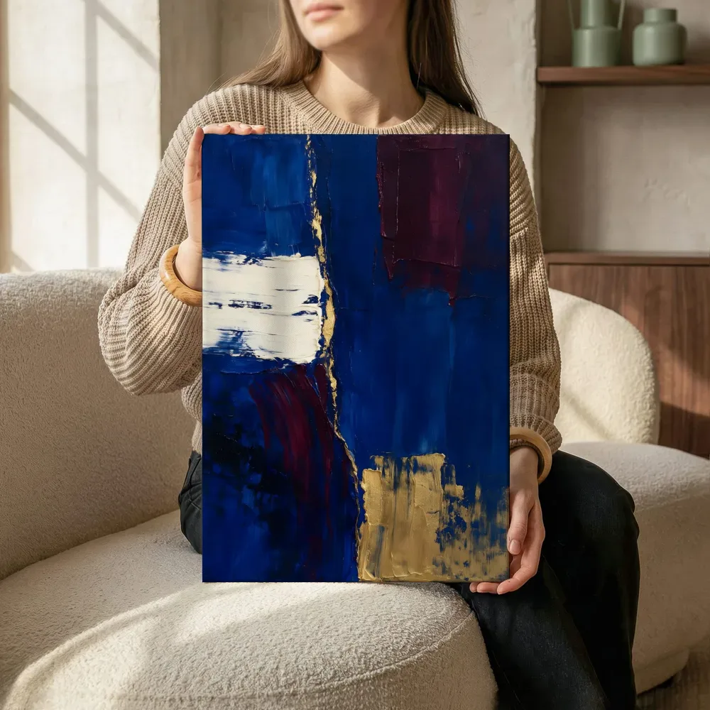 Sfeerimpressie: Verticale vlakken paletmes, royal blauw terwijl het zittend wordt getoond