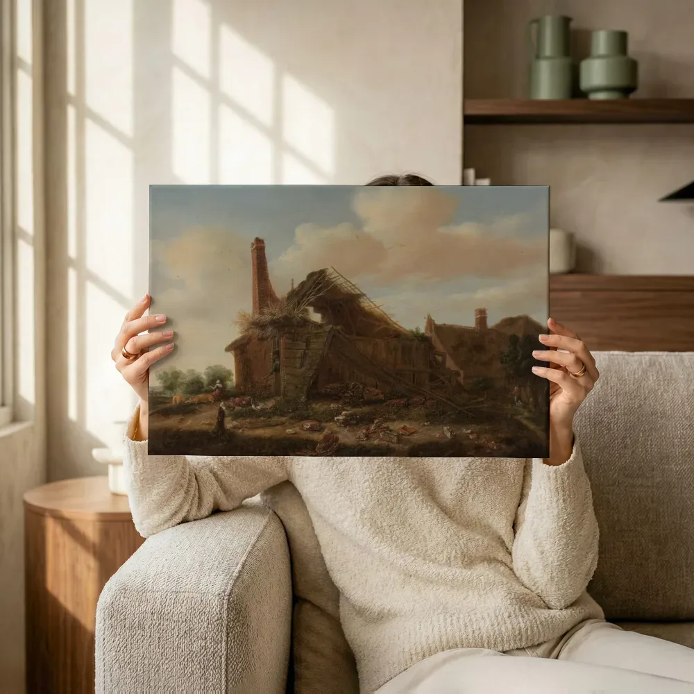Sfeerimpressie: Vervallen boerderij van Jacob van Ruisdael terwijl het omhoog wordt gehouden