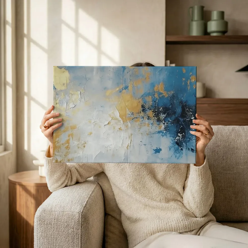 Sfeerimpressie: Verweerde muurstructuur in blauw en goud terwijl het omhoog wordt gehouden