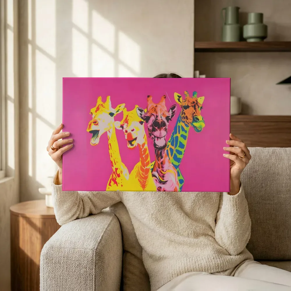 Sfeerimpressie: Vier giraffen in pop-art kleuren terwijl het omhoog wordt gehouden