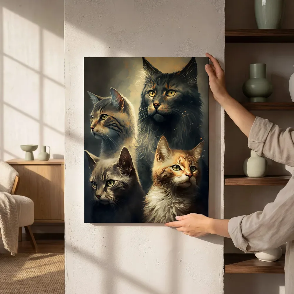 Sfeerimpressie: Vier katten portretten naast de kast