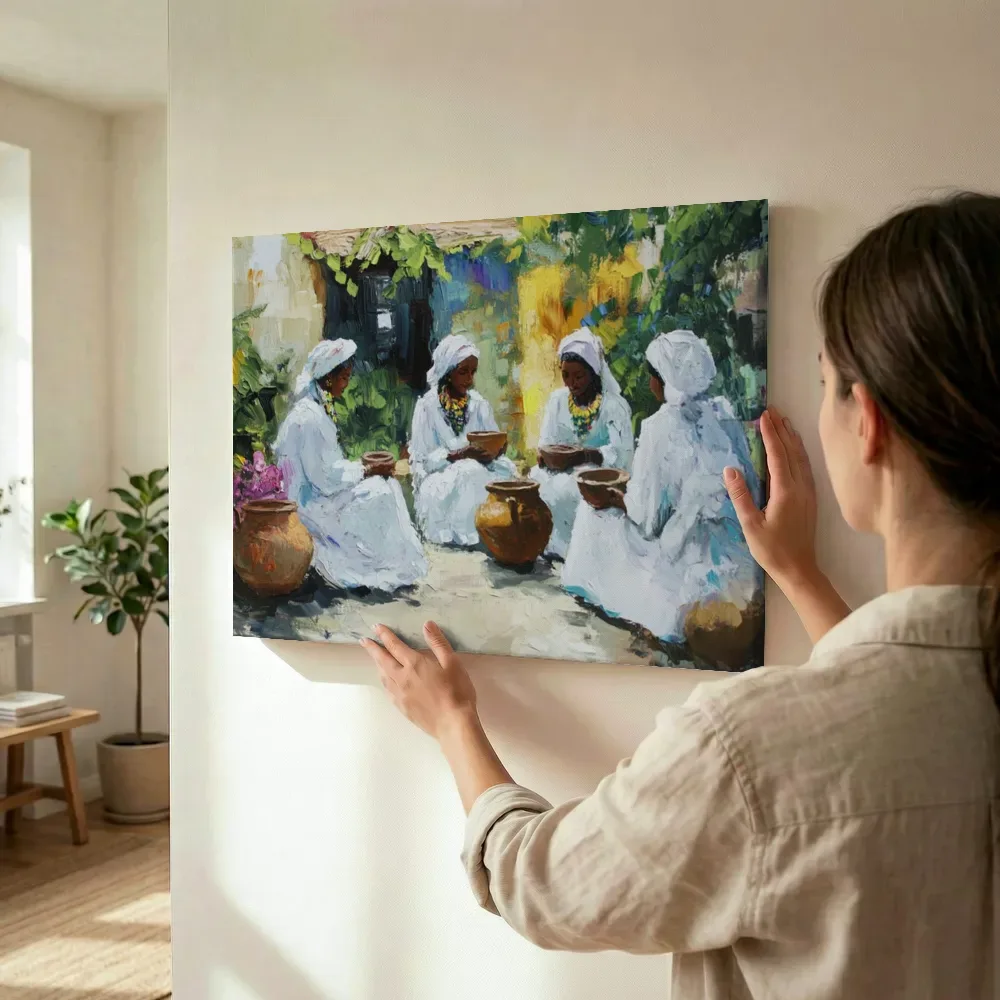 Sfeerimpressie: Vier vrouwen met aardewerken potten terwijl het wordt opgehangen