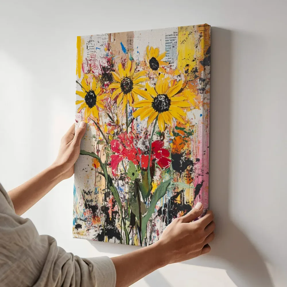 Sfeerimpressie: Vier zonnebloemen met rode bloemen terwijl het aan de muur wordt gehangen