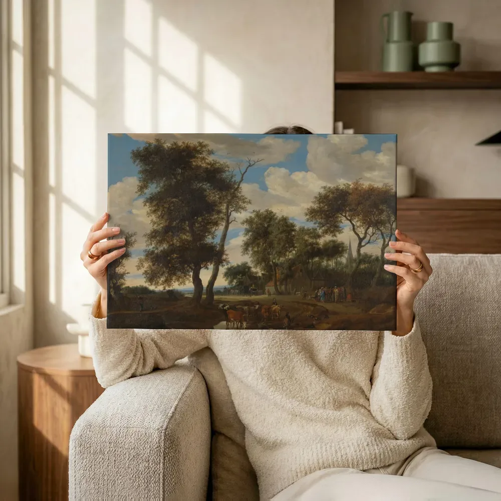 Sfeerimpressie: Gezicht op een dorp van Salomon van Ruysdael terwijl het omhoog wordt gehouden