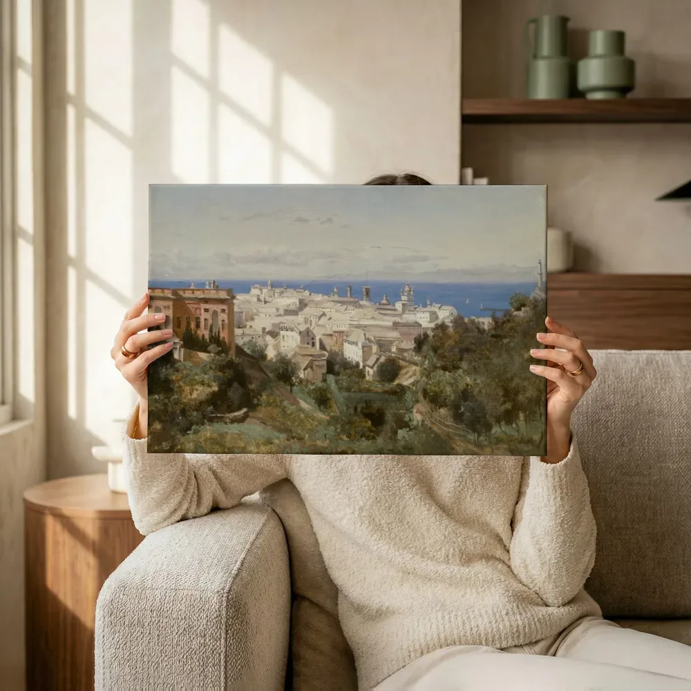 Sfeerimpressie: Gezicht op Genua van Jean-Baptiste-Camille Corot terwijl het omhoog wordt gehouden