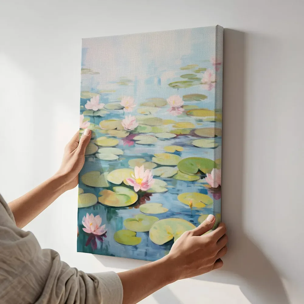 Sfeerimpressie: Vijver vol waterlelies terwijl het aan de muur wordt gehangen