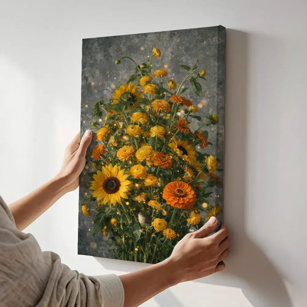Sfeerimpressie: Boeket in zonnig geel terwijl het aan de muur wordt gehangen