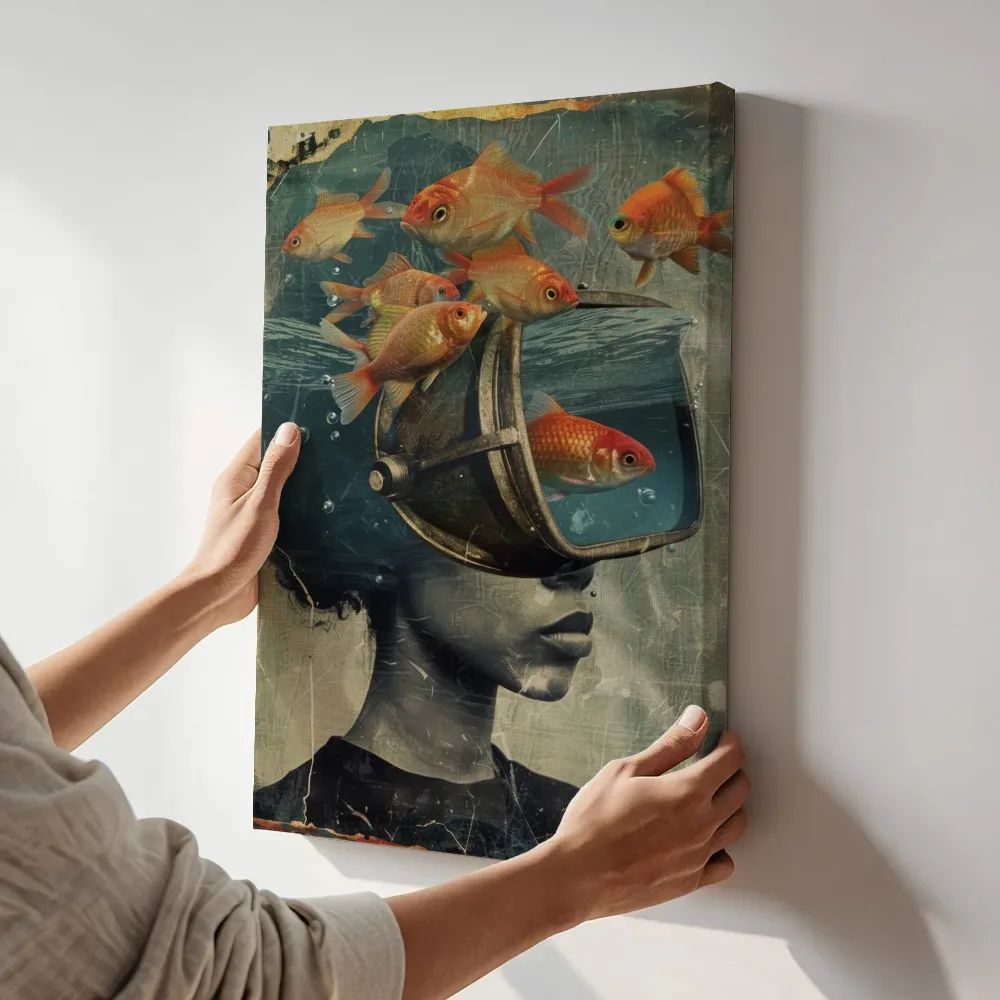 Sfeerimpressie: Vintage duikhelm met goudvissen terwijl het aan de muur wordt gehangen