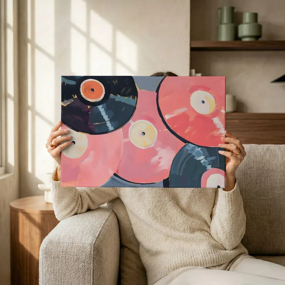 Sfeerimpressie: Vinylplaten in roze tinten terwijl het omhoog wordt gehouden